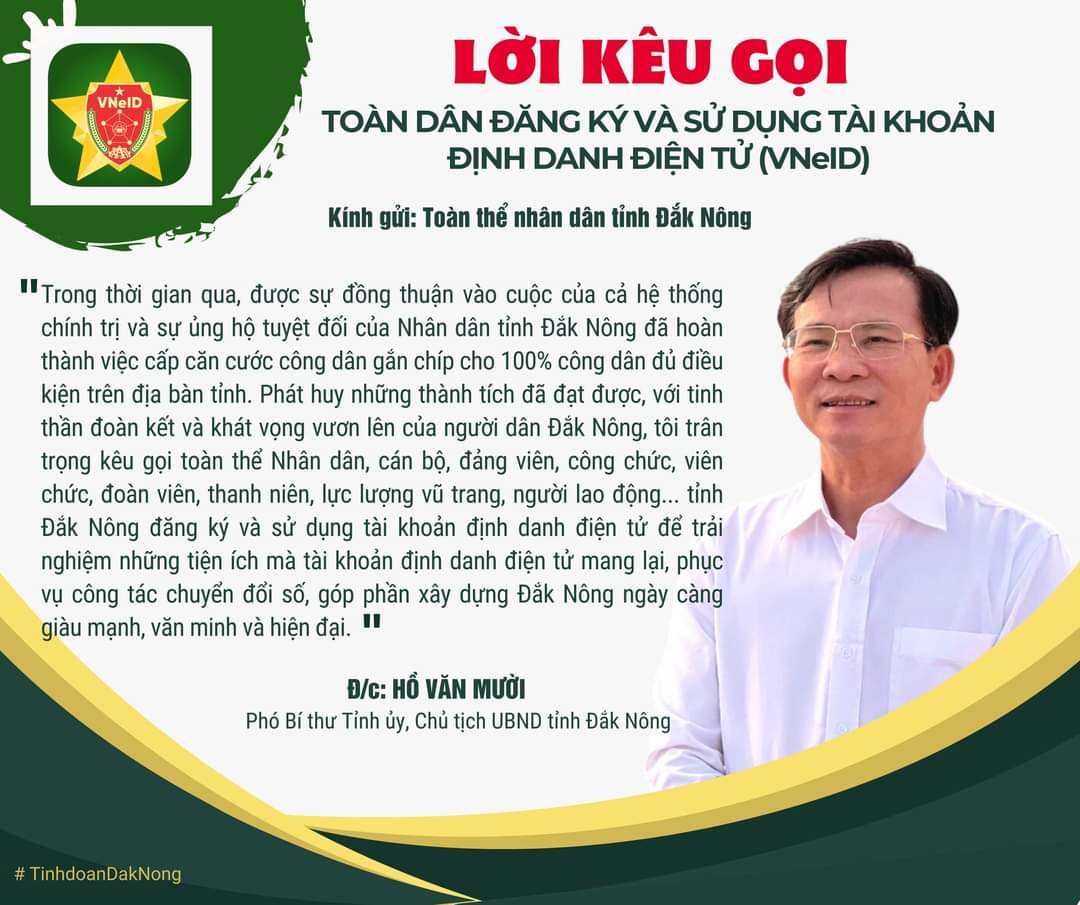 Đồng chí Hồ Văn Mười - Phó Bí thư Tỉnh ủy, Chủ tịch Ủy ban nhân dân tỉnh kêu gọi toàn thể nhân dân đăng ký và sử dụng tài khoản định danh điện tử (VNeID).